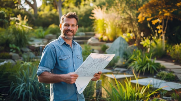 Profesionálny záhradný dizajnér, muž v záhrade, odborník na krajinnú architektúru